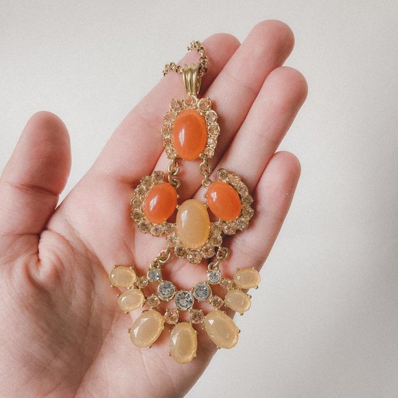 J. Crew Orange Rhinestone Pendant Gold Necklace - Picture 4 of 8